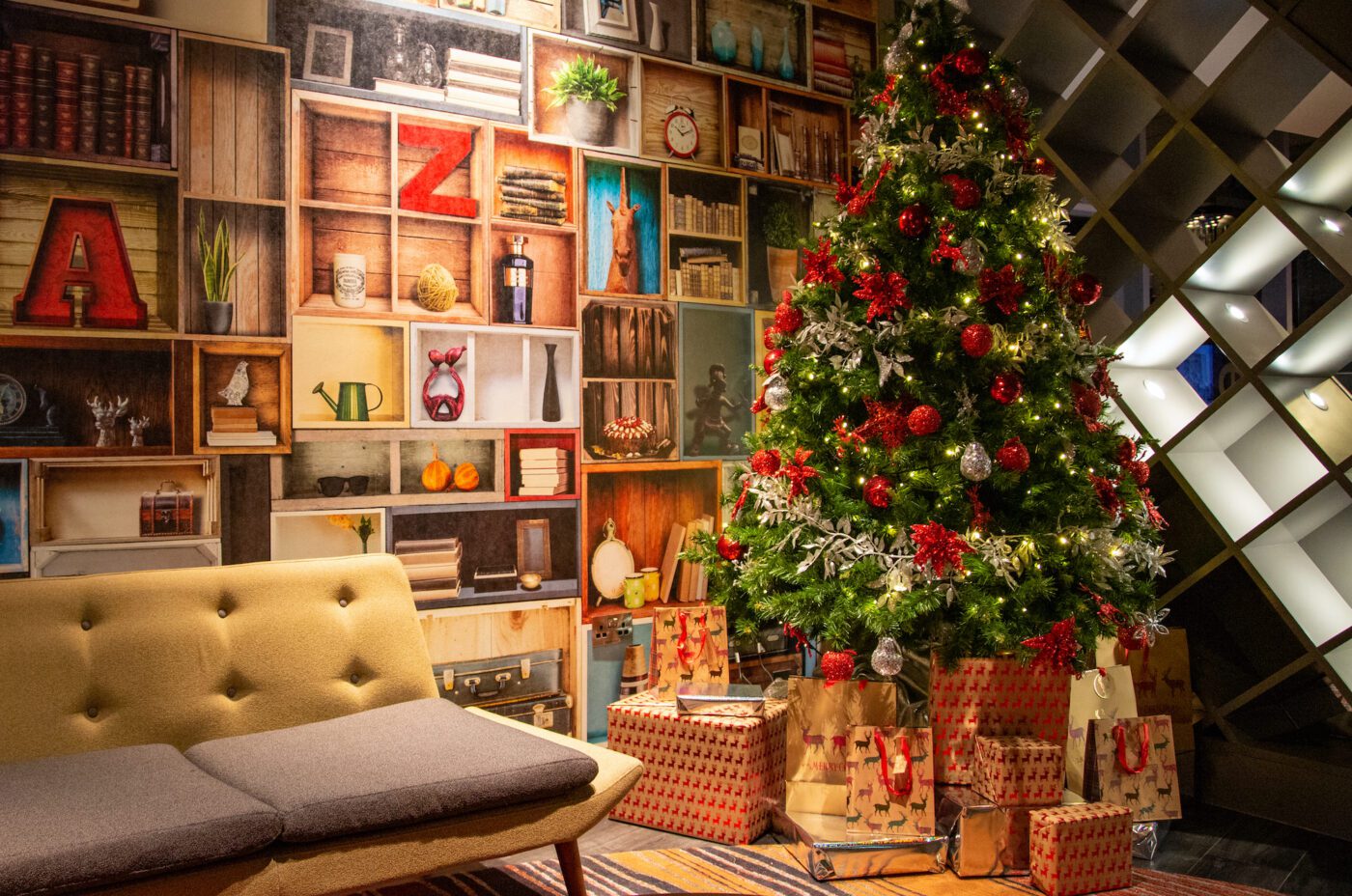 A Christmas decorated lounge at Sleeperz Dundee Hotel.