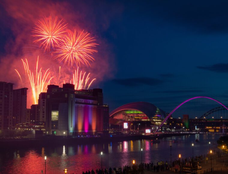 Fireworks on Newcastle's river Tyne on New Years eve in Newcastle.