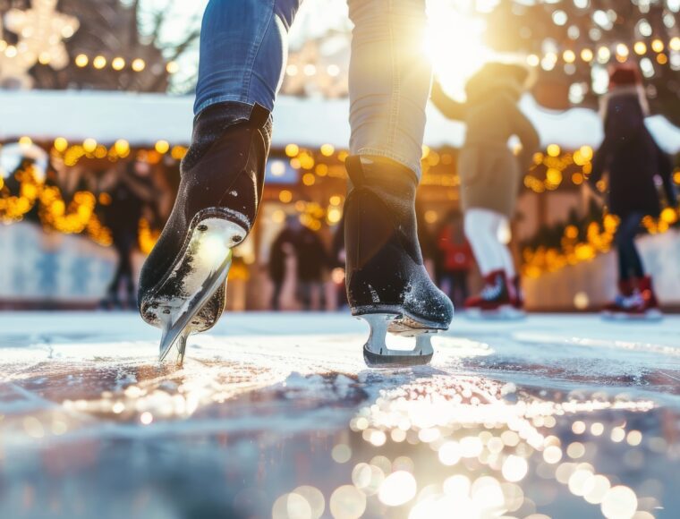 A group of people ice skate on a festive outdoor rink, enjoying the winter season. The rink is decorated with lights and the sun shines brightly