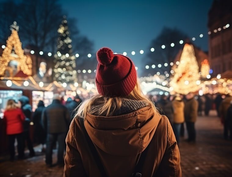 woman enjoying the view of the Christmas market in Cardiff. The scene is in the evening with a number of market stalls in the background.